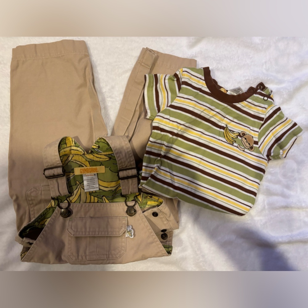 Y2k Gymboree Tan Overalls With Bananas Size 9-12 Months Embroidered EUC Stripes